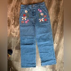 Princess Highway Blue Straight-Leg Jeans with Floral Embroidery